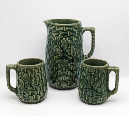 Brush McCoy Morning Glory Willow Basketweave Pitcher and 2 Mugs - Green Glaze