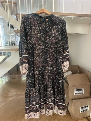Ulla Johnson Women's Long Sleeve Crew Neck Silk Dress Black/Brown, Size S
