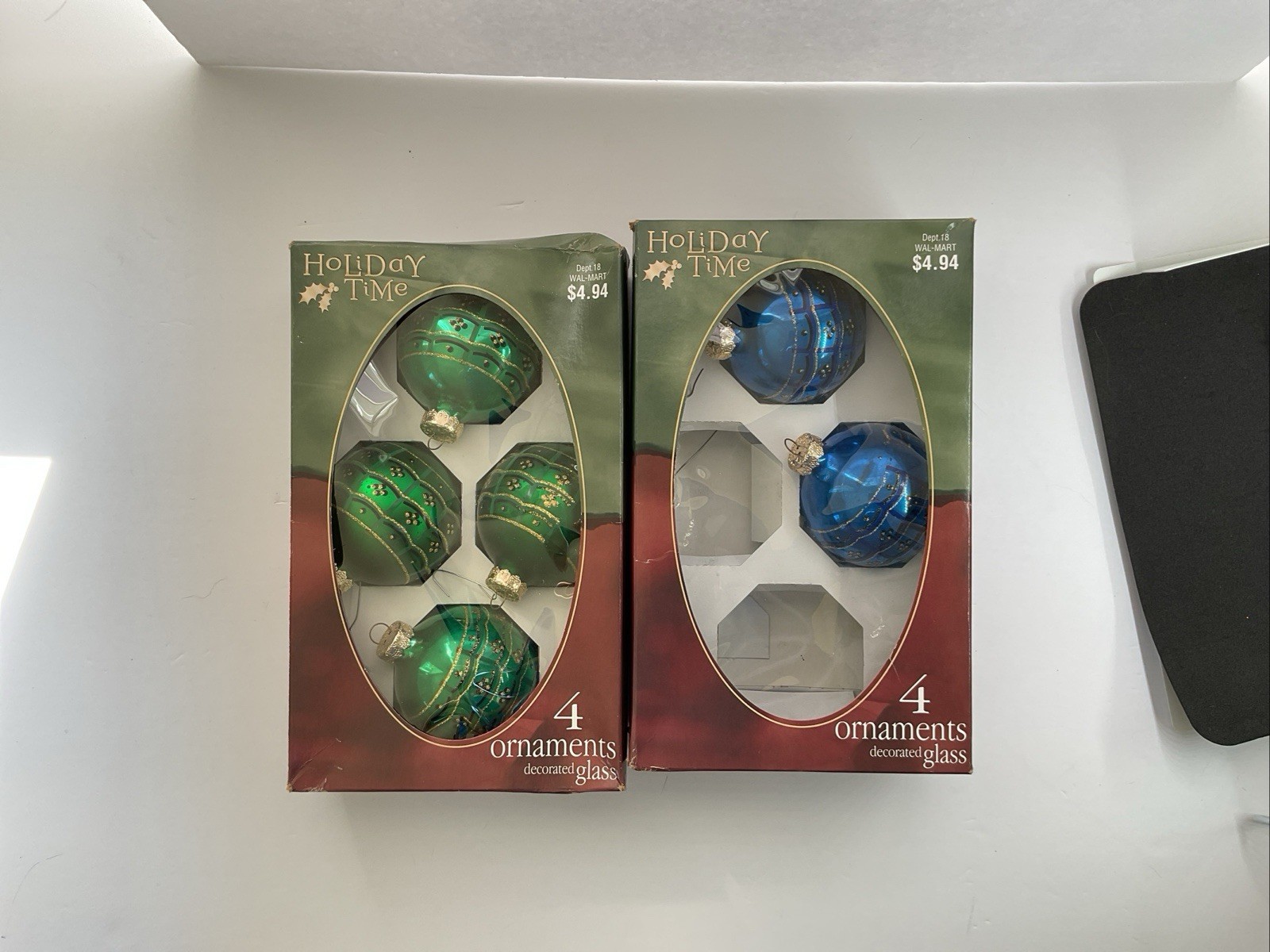 6pcs. Holiday Time Green / Blue Glass Ball Christmas Ornaments w/ Gold Glitter