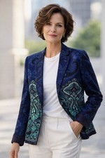 COLDWATER CREEK Open Blazer Jacket Sz 10 Paisley Blue Quiet Luxury Career Boss