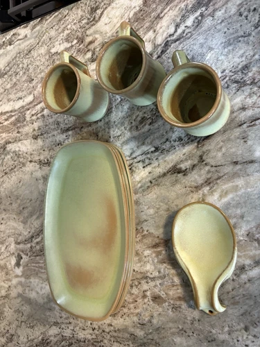 Frankoma Pottery Prairie Green 8 Pieces Of Plates, Mugs, And Utensil Setting