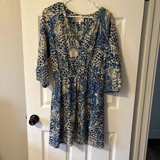 Collective Concepts Women's Blue & Tan Leopard Print Dress Size Medium Lined