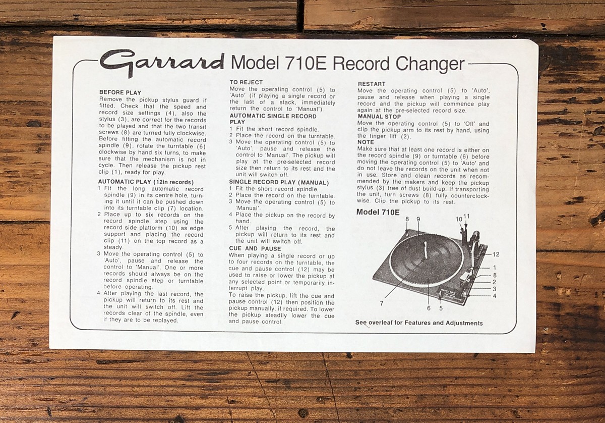 Garrard Model 710E Record Player / Turntable Owners / User Manual *Original*