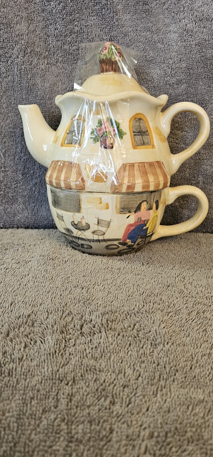 Tea for One Teapot And Cup Set Italian Cafe Bella Casa by Ganz Ceramic Stackable