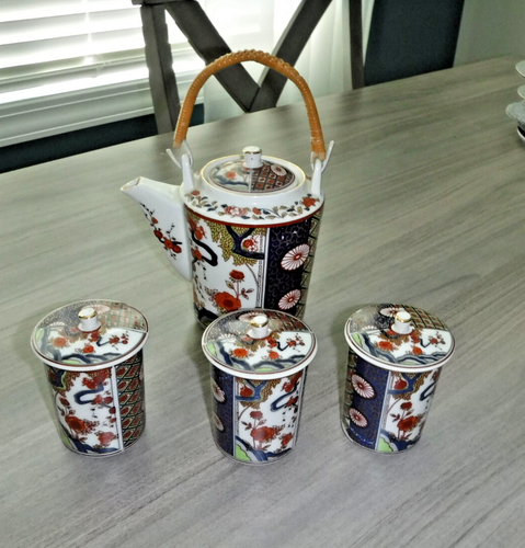 VTG Imari Style TEA POT w/ 3 TEA CUPS w/LIDS Republic of China ~~Taiwan GUC