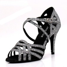 Women Party Dance Shoes Satin Shining Rhinestones Soft Bottom Latin Dance Shoes