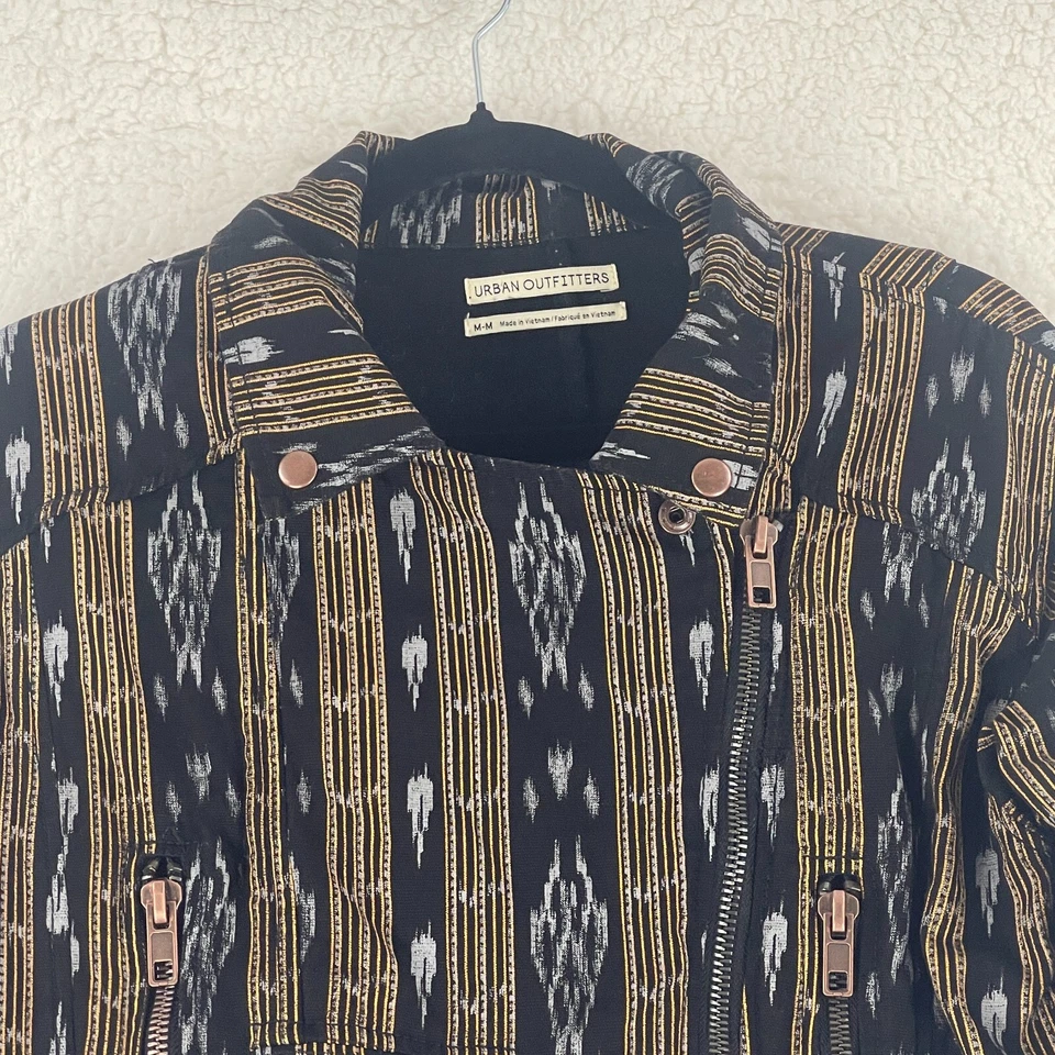 Chaqueta de Moto Urban Outfitters Mujer Mediana Ikat Rayas Negra Amarilla Manga Larga Foto 3 de 4