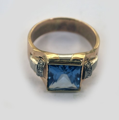 Antiker Herrenring 40er Jahre Art Deco 14k Rotgold Platin Diamanten blauer Stein - Bild 6 von 8