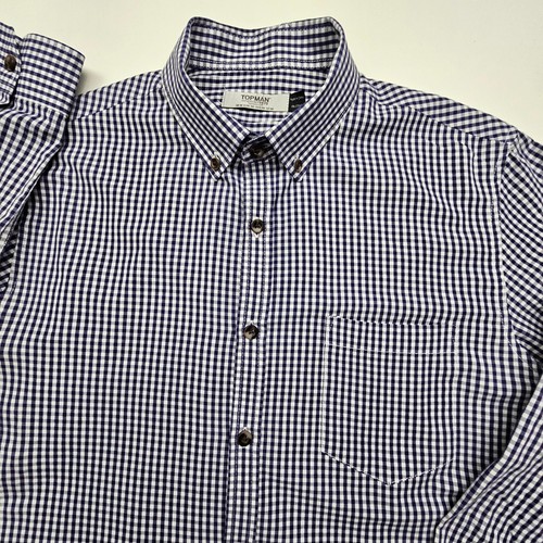 Topman Mens Shirt Medium Navy Blue White Tiny Buffalo Check Soft Glides Spring M - Picture 2 of 16