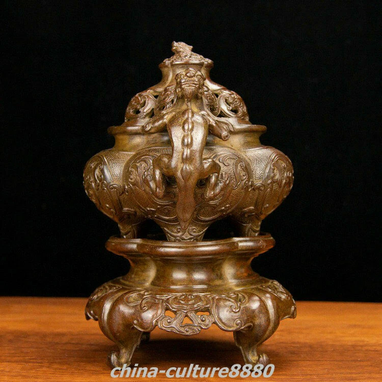 Quemador de incienso dragón de 3 capas bronce puro dinastía China antigua de 22,5 cm Foto 3 de 4