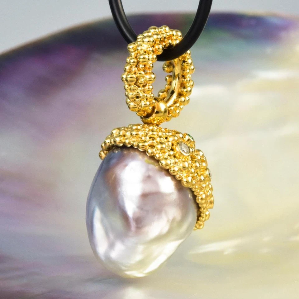 Gigantische South Sea Pearl Pendant, Gold Vermeil Sterling Diamant & Smaragd - Bild 3 von 4