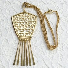 Vintage Gold Tone Filigree Choker Pendant Necklace Long Fringe Unsigned 16"