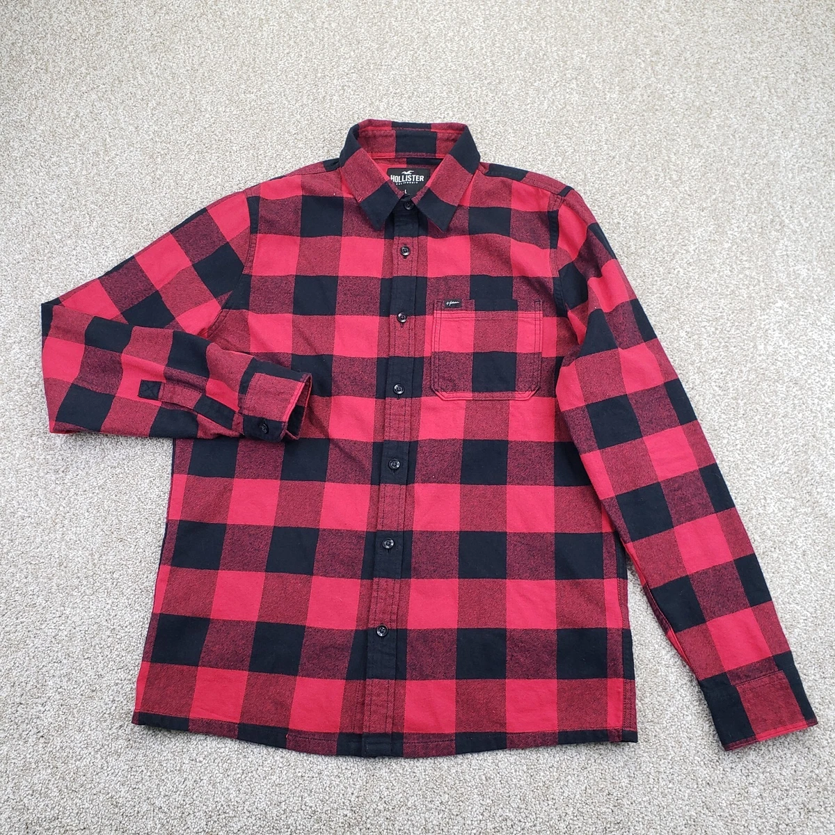 Hollister Large Mens Flannel Button Down Shirt Long Sleeve Buffalo Plaid Red