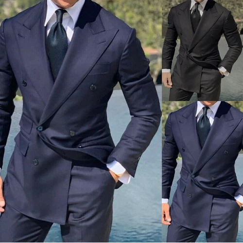 Business Men's Suit Wide Peak Lapel Double Breasted Wedding Groom Tuxedo 2Pieces - Picture 1 of 15
