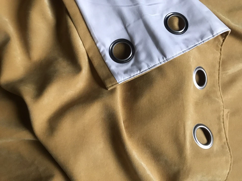 Next Pair Of Yellow Ochre Velvet Eyelet Curtains Lined 46” W X 54” L - Image 3 of 4