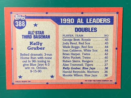 1991 Topps Baseball Kelly Gruber Toronto Blue Jays #388 - Picture 4 of 6