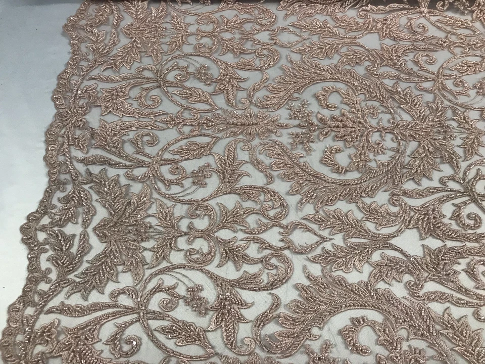 LIGHT PINK PRINCESS DESIGN EMBROIDERY WITH HEAVY BEADS ON A MESH-SOLD BY YARD. - Image 2 of 4