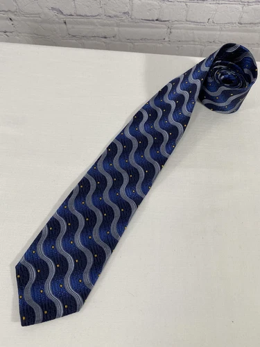 Joseph Jos A Bank 100% Silk Blue Silver Yellow Waves Italy Neck Tie (58” x 3”) - product listing photo