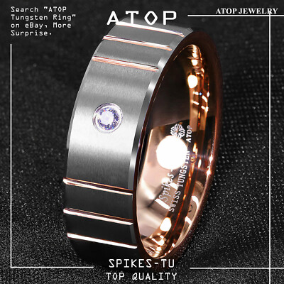 8mm Brushed Silver Rose Gold Tungsten Ring Diamond Men Wedding ring ATOP Jewelry
