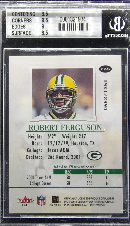 2001 Fleer Authority Graded Rookie RC Robert Ferguson  #116 BGS 9 MINT /1350 - Image 4 of 4