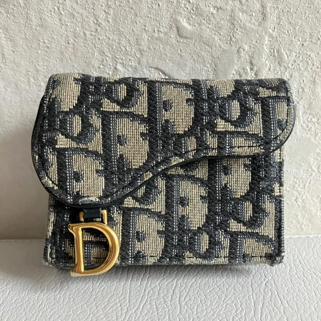 Christian Dior Selle Oblique Trotteur Toile Portefeuille Triple Bleu Marine Du Japon