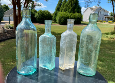 Late 1800's /early 1900's Handblown Aqua Medicine Apothecary Bottles Lot Of 4