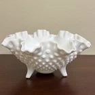 Vintage Fenton Milk Glass Hobnail 3 Footed Ruffled Edge Bowl Cottagecore