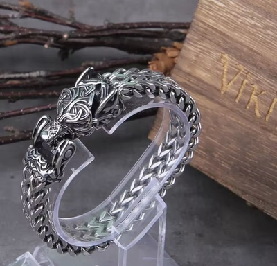 #ad Viking Wolf Bracelet Men#x27;s Stainless Steel Mesh Chain Wolf Mouth Punk Jewelry $16.56