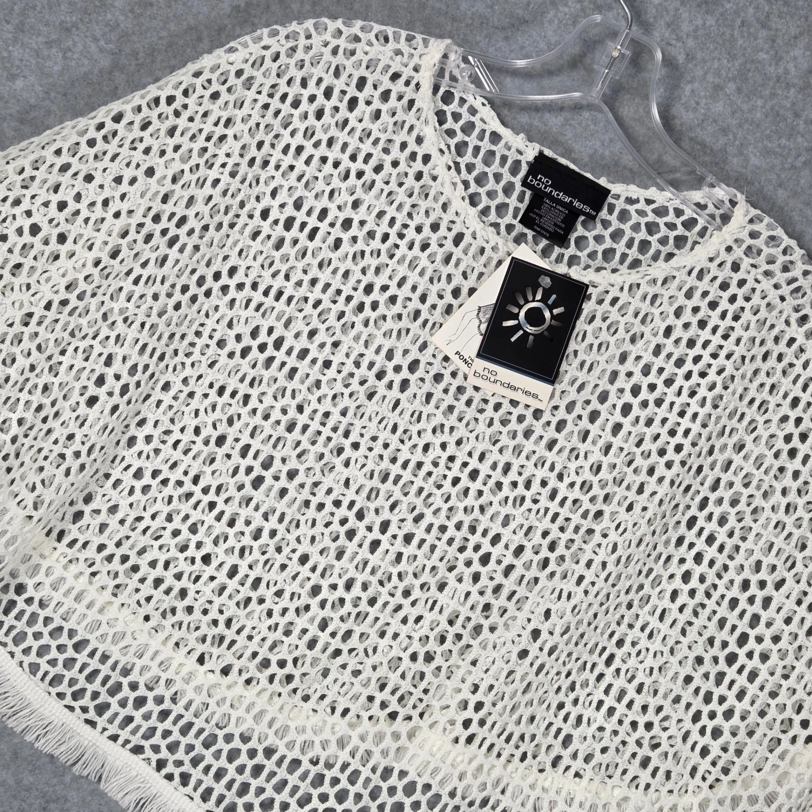Deadstock NEW No Boundaries Junior OS Poncho White Open Knit Fringe Trim Mesh
Opens in a new window