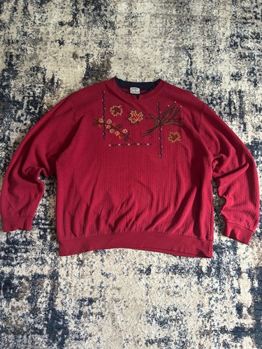 Vintage Koret City Blues Red Textured Sweatshirt with Embroidered Autumn Leaves