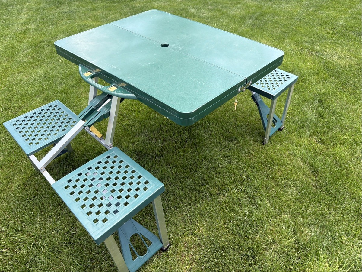 Vintage Green Children's Folding Table W/Umbrella Hole MCM Camping