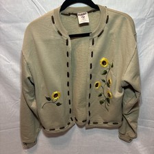 Vtg Y2K Jerzees Sunflower Sweatshirt /Cardigan Grandma Button Up Small Green