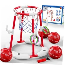  Pool Basketball Hoop 2-in-1 with 4 Balls, 12 Rings & Pump - Floating Water Red