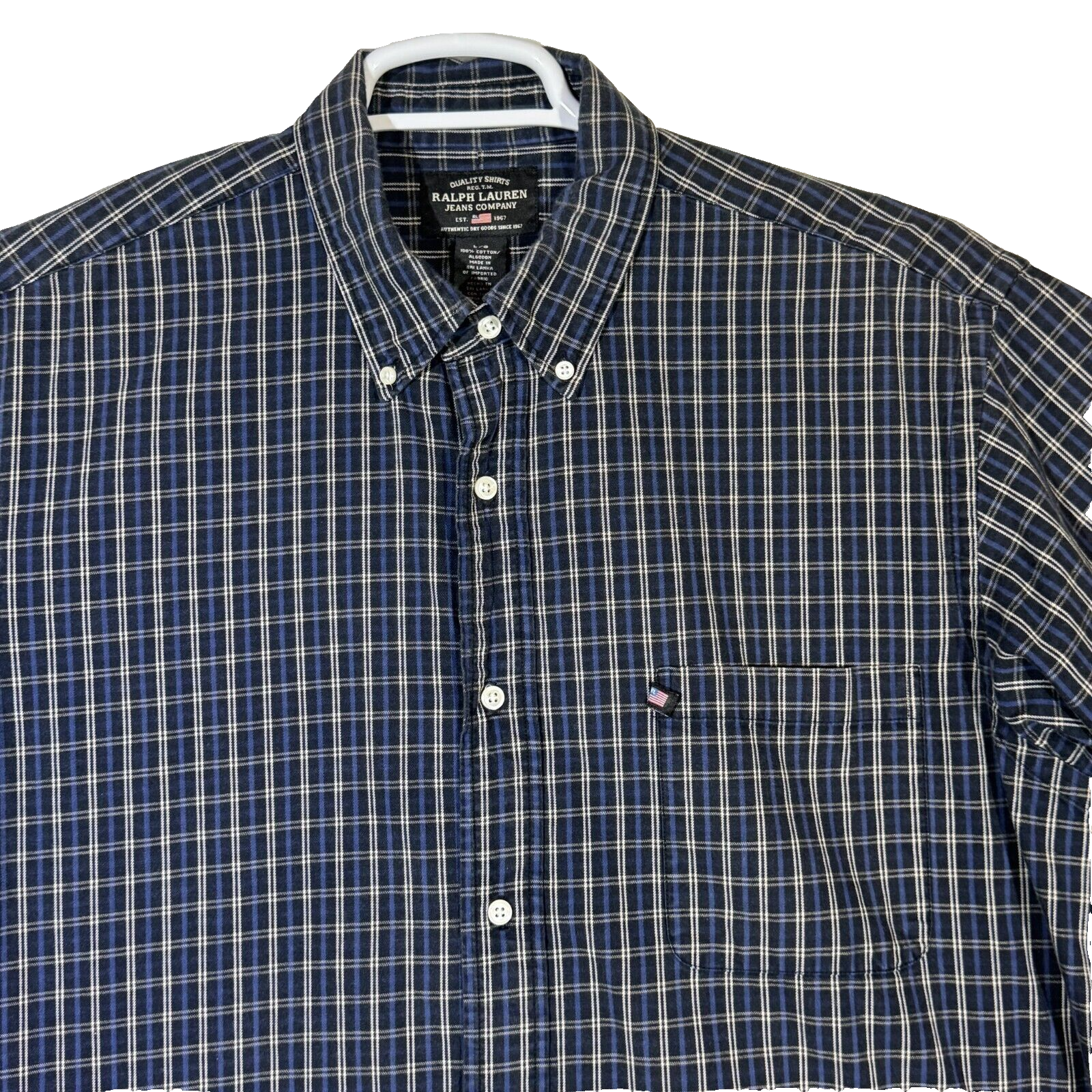 PONY Ralph Lauren Jeans Camicia Uomo Grande Blu Plaid 100% Cotone Bottoni M861