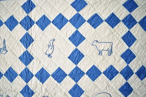 30's Vintage Blue & White Nine Patch Antique Crib Quilt ~Background Animals! - Picture 3 of 11