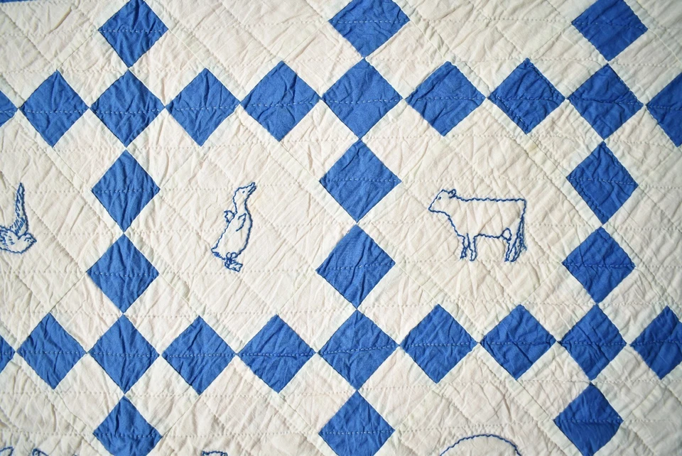 30's Vintage Blue & White Nine Patch Antique Crib Quilt ~Background Animals! - Image 3 of 4