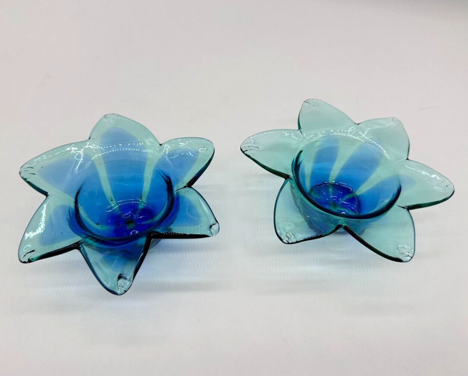 2 Murano Style Green Flower Art Blown Glass Bowl Votive Candle Holder