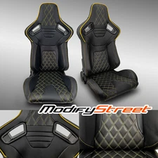 2 x BLACK PVC LEATHER/YELLOW STITCH LEFT/RIGHT RACING CAR SEATS