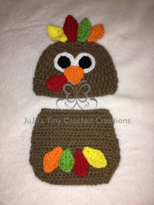 Baby Turkey Costume - Crochet Knitted Hat & Diaper Cover Photography Prop For 0-3 Months