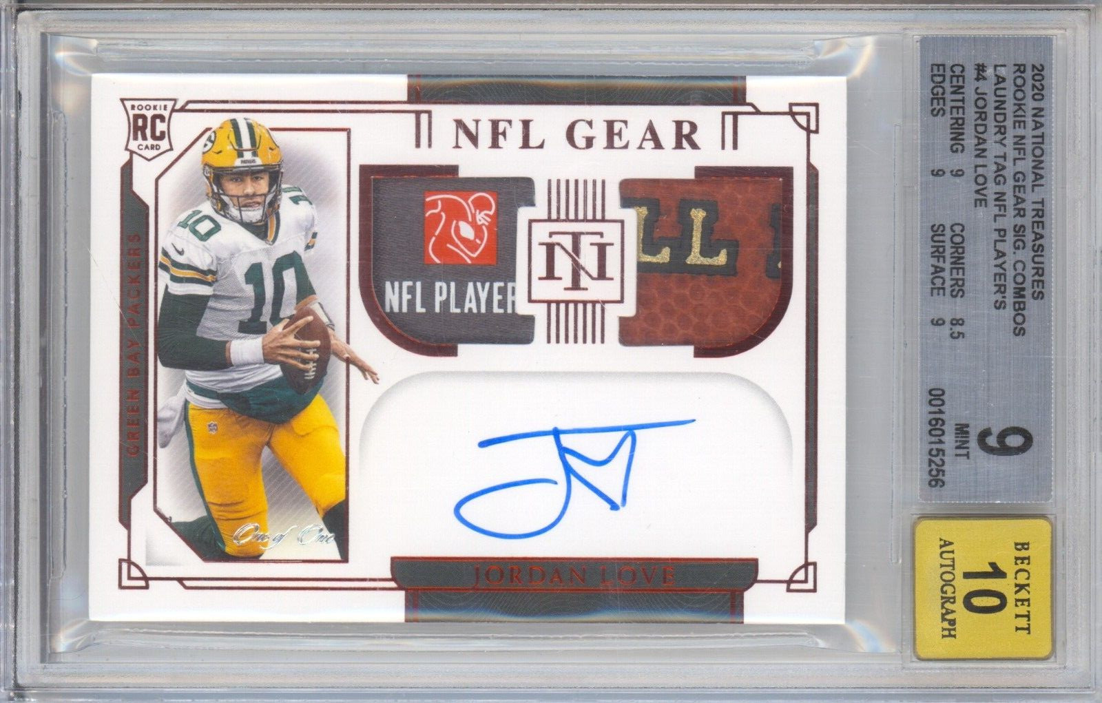 Jordan Love Panini National Treasures Rookie NFL Gear Signatures Combos #JL Laundry Tag Brand Logo 1/1