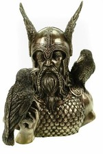 Veronese Odinbüste Odin mit Raben Hugin und Munin bronziert 23cm Figur Skulptur 