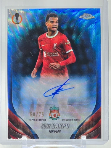 2023-24 Topps Chrome UEFA CC Chrome Auto Cody Gakpo Blue Wave Refractor 50/75