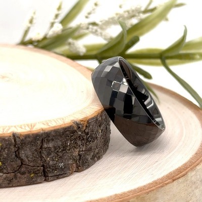 8mm Black Tungsten Comfort Fit Ring Thick Diamond Cut Faceted Band For Christmas