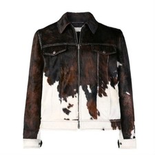 Chaqueta de cuero de vaca para hombre Western Rodeo marrón blanco abrigo de camionero vintage