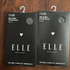 Black Elle Pantyhose Hosiery Size Queen 160/190 Lbs New 2 Pair