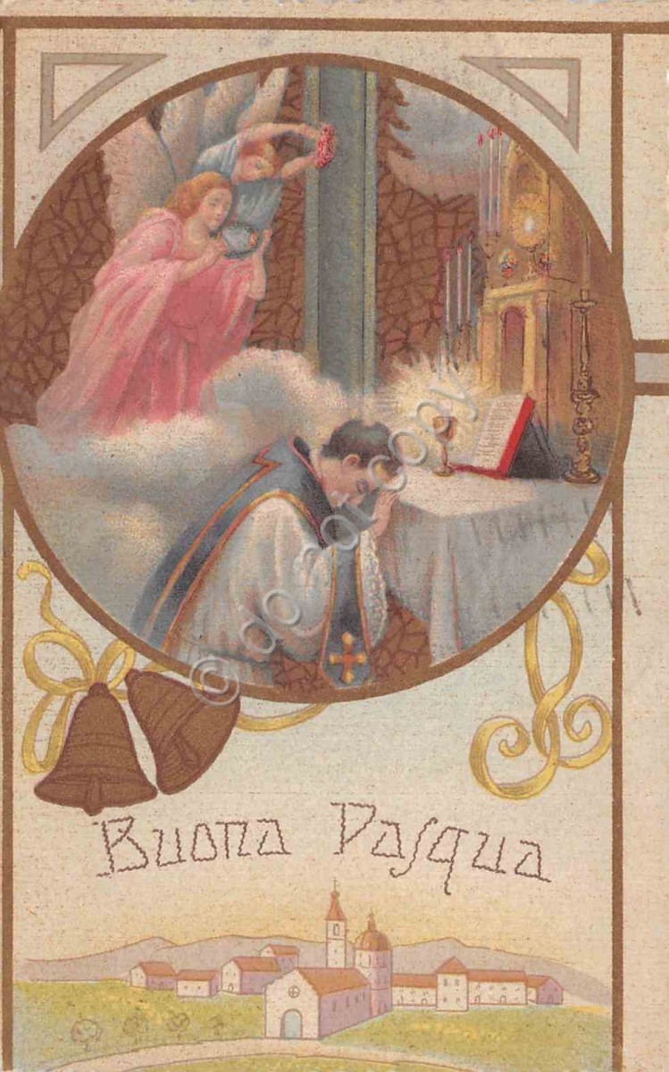 Cartolina Buona Pasqua Sacerdote Angeli campane 1939