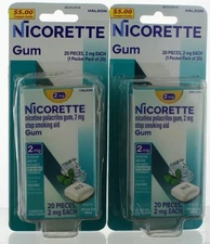 Nicorette Gum 2mg White Ice Mint Flavor 40CT (2x20) Free Shipping Exp: 7/2027