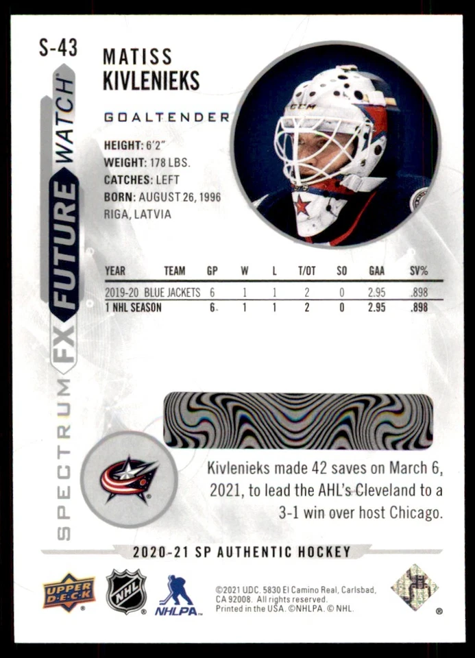 2020-21 SP AUTHENTIC SPECTRUM FX MATISS KIVLENIEKS COLUMBUS BLUE JACKETS #S-43 - Image 2 of 2