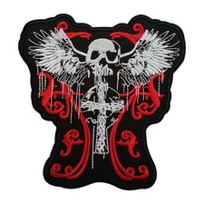 Skull  Cross w/wings Large Patch Black White Red Iron-on Embroidered 6 inch