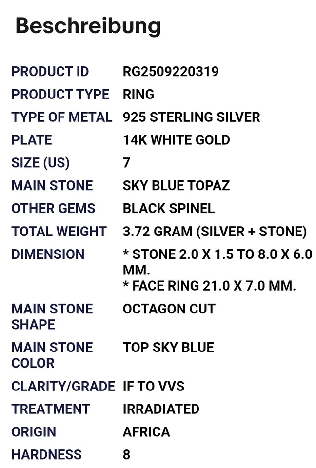 925 Sterling Silber Ring Achteck Himmelblau Topas Spinell Edelstein Schmuck - Bild 4 von 4